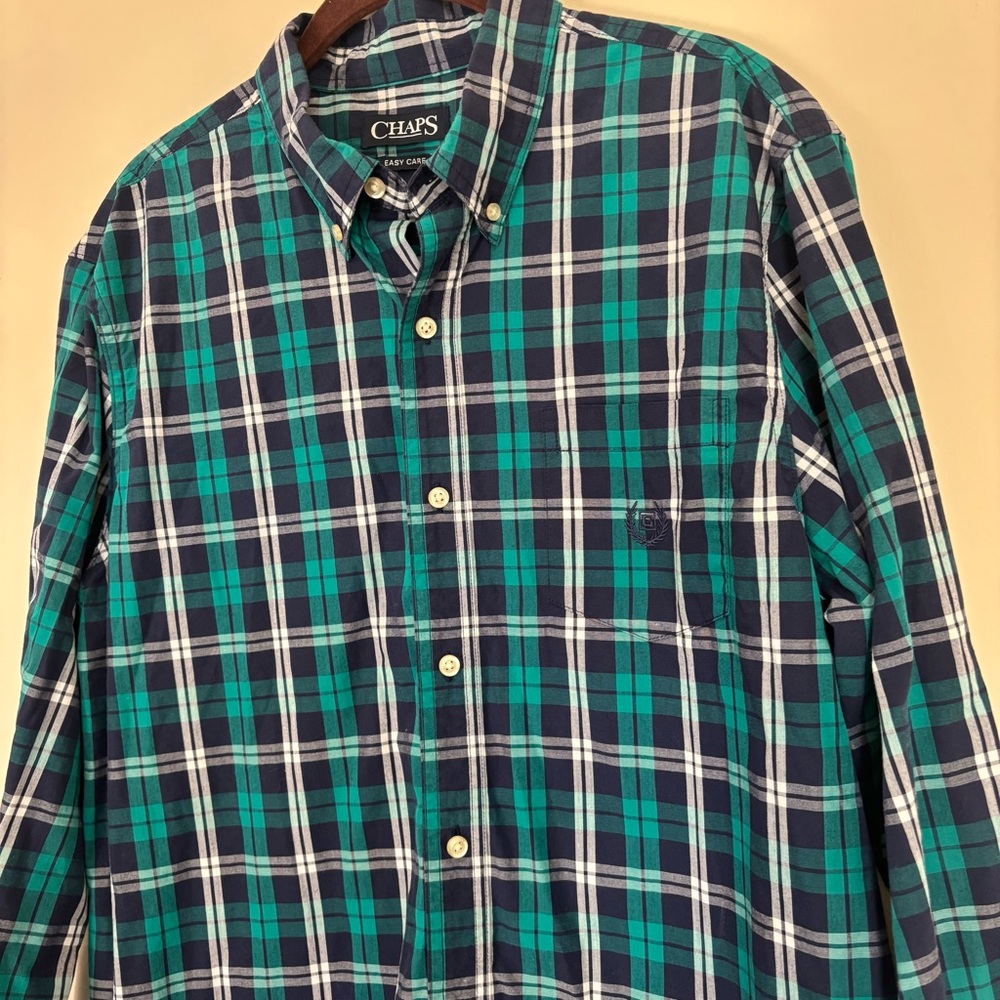 Chaps Men's Navy and Teal Plaid Shirt - Picture 3 of 5